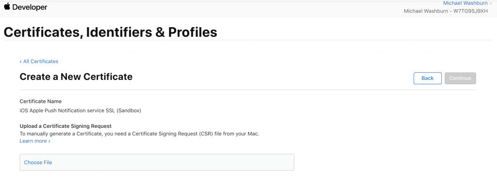 upload apple push notification certificate signing request (CSR)
